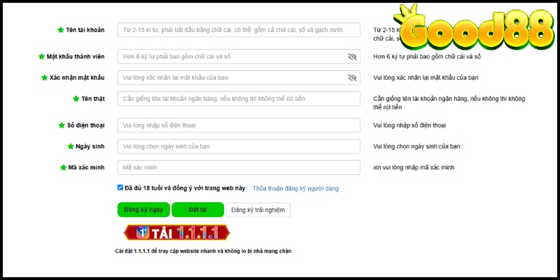 Dữ kiện nhập đăng ký Good88